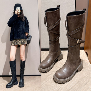 Autumn and Winter New Maillard Thick Leg Boots chubby girl High Knights Boots Thick Bottom Large Round Boots Women's plus size Women's Boots