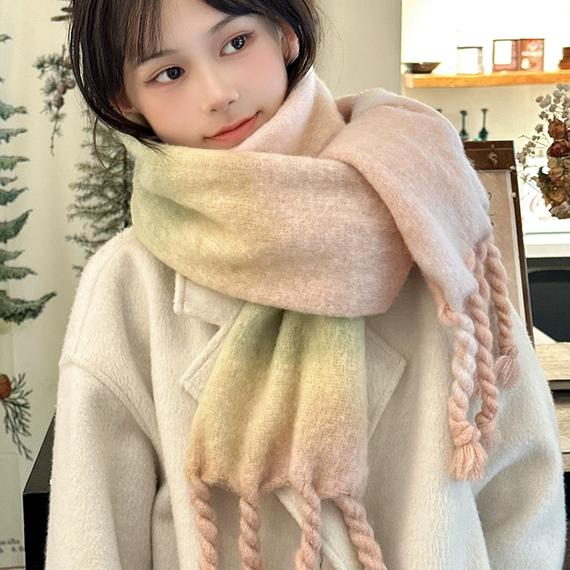 Rainbow winter universal keep warm scarf with tassels, gradient