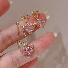 跨境新款芭比粉爱心项链耳环套装桃心新娘项链耳环套装欧美首饰