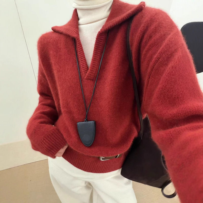 Raccoon Wool Knitwear Women's Autumn and Winter Thick Top 25 New Winter Women's Loose Scissor Collar Inner Knitwear