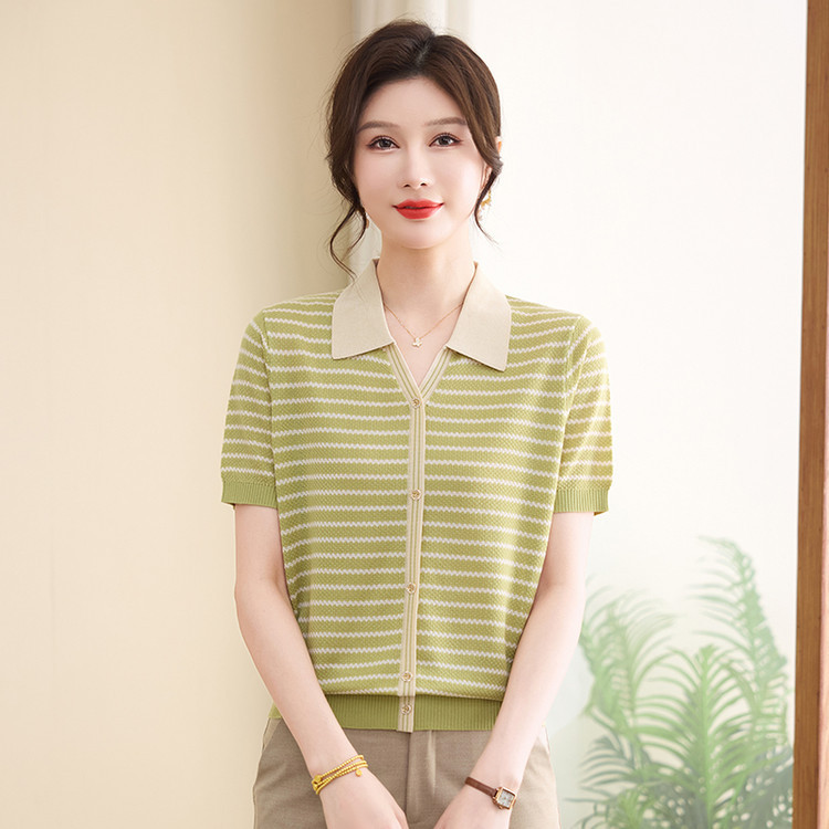 2025 New Summer Clothes for Mothers, Middle-Aged and Elderly Fashionable T-Shirts, Knitted Shirts, Short-Sleeved Ice Silk Stripesd Tops 2025 New Summer Clothes for Mothers, Middle-Aged and Elderly Fashionable T-Shirts, Knitted Shirts, Short-Sleeved Ice Silk Stripesd Tops