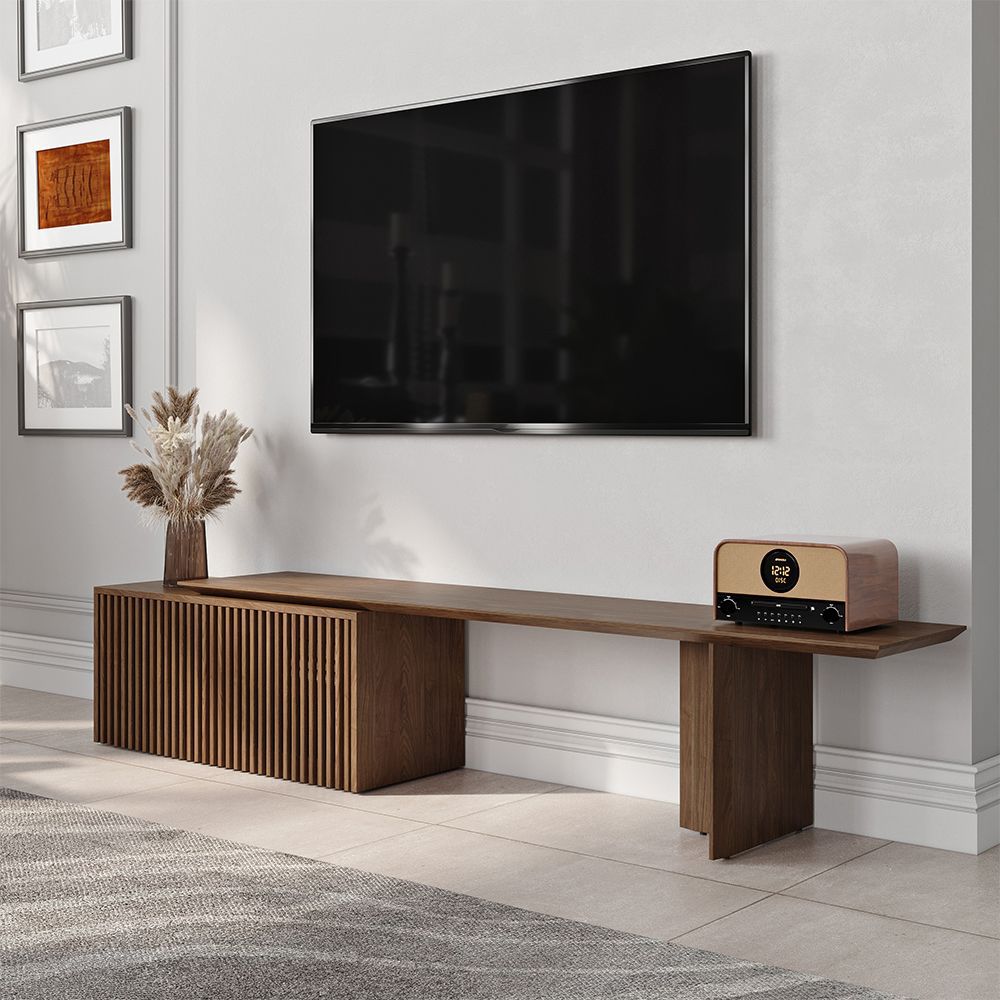 Modern Simple Walnut Color Retractable Tv Cabinet 2m Modern Wood Extendable Tv Stand