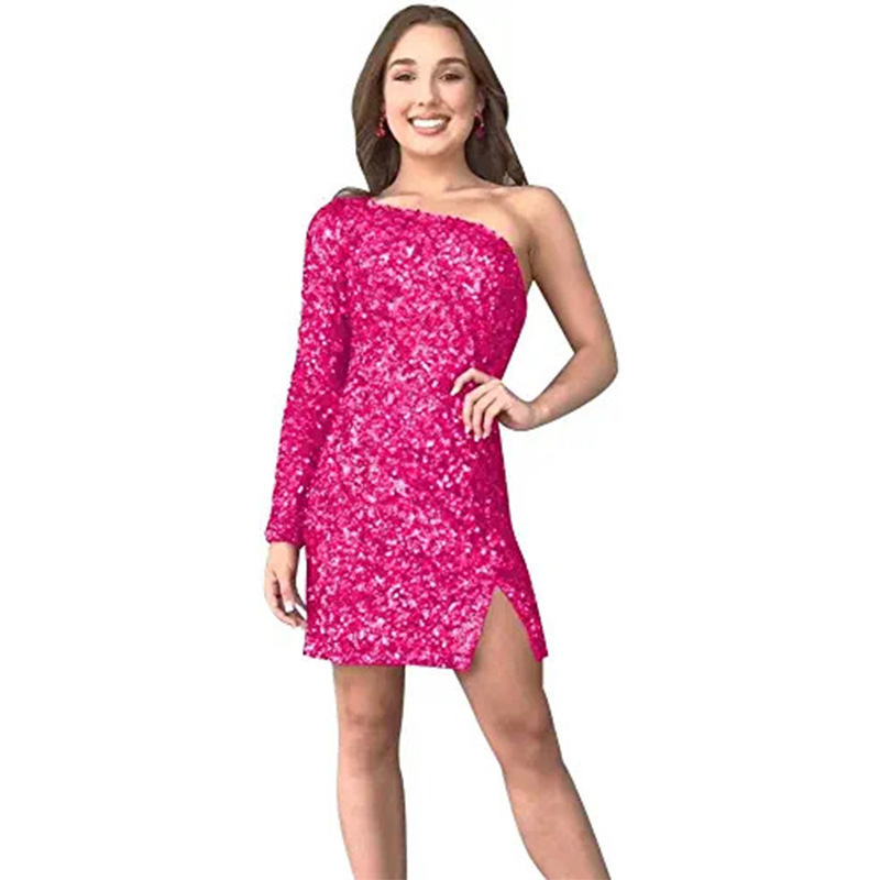 Evening Dress for Women 2026 New Style One-Shoulder Sequin Short Slim-Fit Prom Cocktail Party Dress