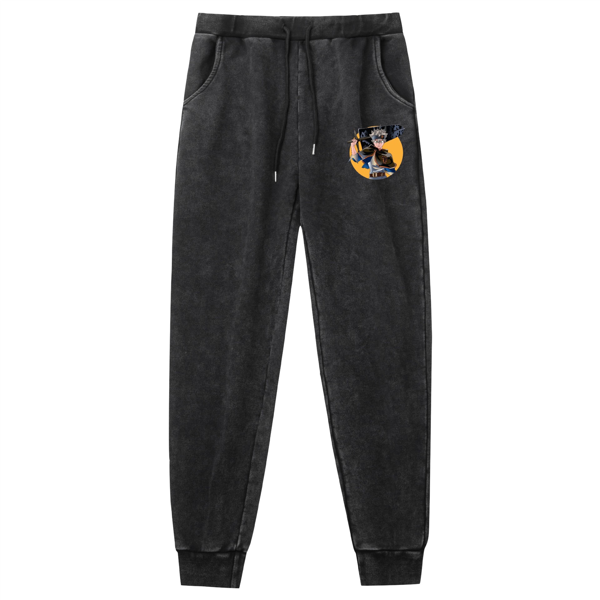 Lavado de comercio exterior y pantalones retro desgastados Trébol de cuatro hojas negro Black Clover impresión de venta caliente de código europeo