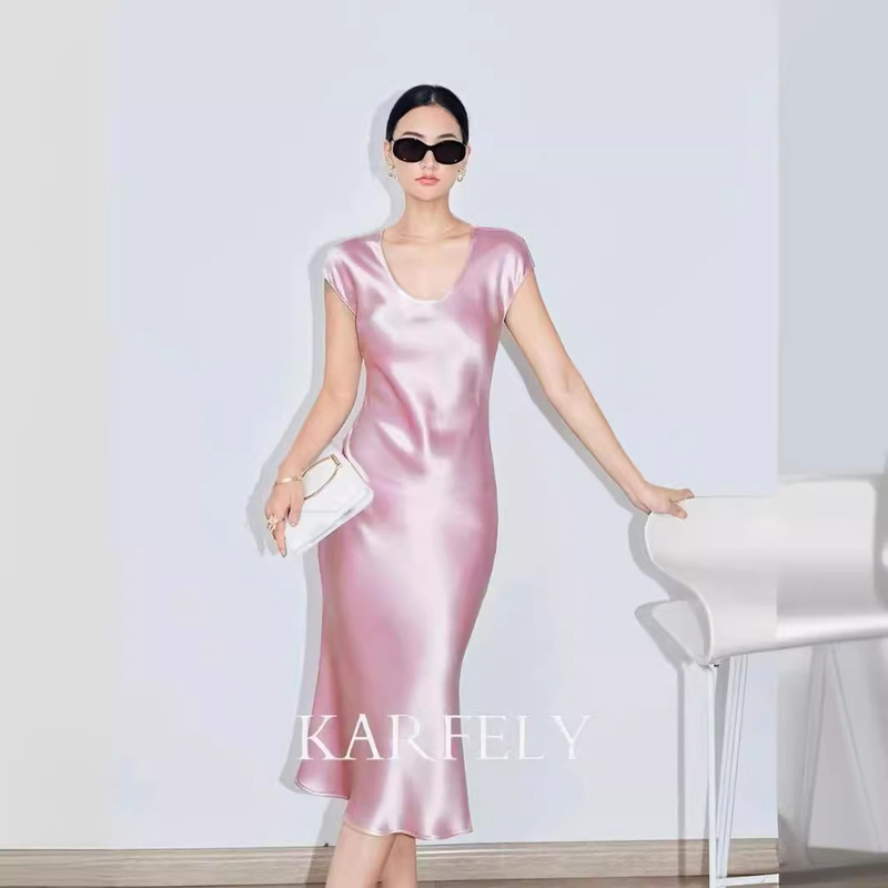 New Designer Satin dress U Neck Triacetate Satin Skirt 45 Degree Oblique High Style Midi Dress