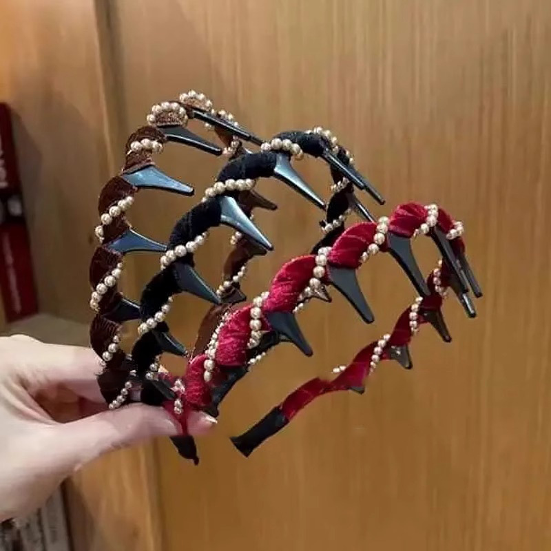 Rojo flojo perla ondulado banda de cabello para mujeres cráneo alto cabeza banda de lavado de cara antideslizante presión de cabello de alta sensación de invierno / otoño adornamiento para el cabello