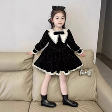 韩国童装2025秋冬新款甜美黑色闪闪公主裙女童高级感收腰丝绒裙子