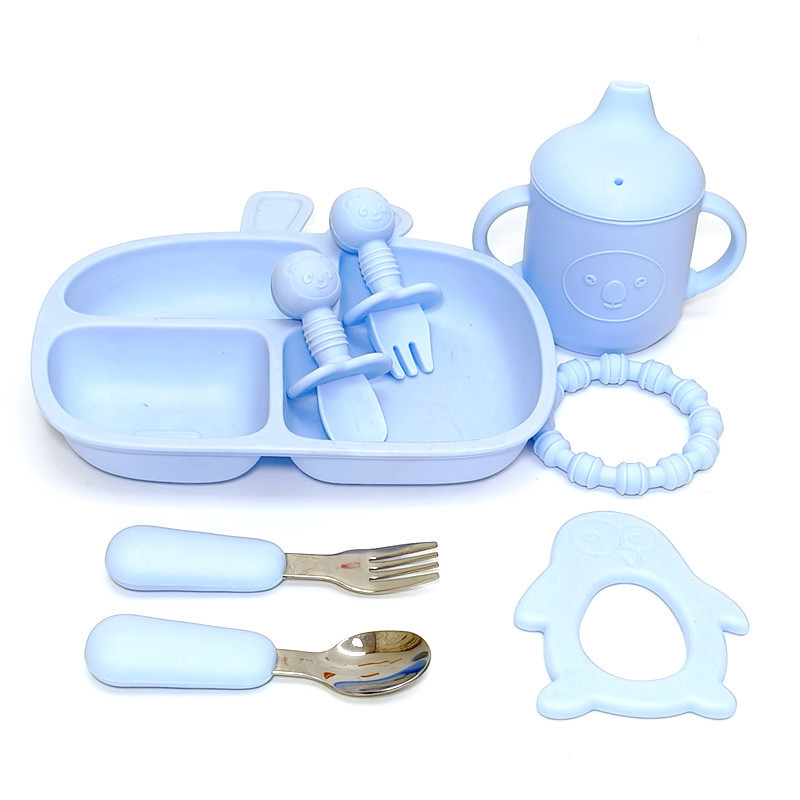 Baby rabbit plate suction cup compartment one-piece short fork spoon baby learning to eat training silicone complementary bowl cup