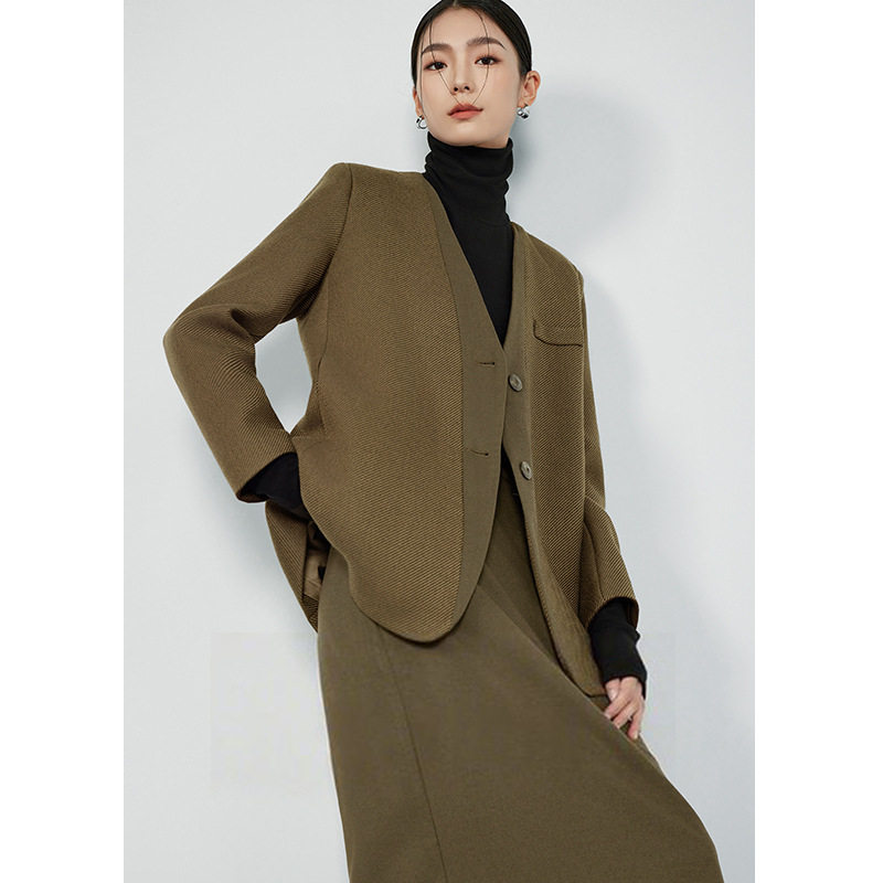 Áo vest nữ cổ V tay dài dáng suông một hàng nút phong cách thanh lịch — Váy Midi Breeveca, Váy màu xanh hải quân, Váy màu xám khói, Váy màu đỏ tía