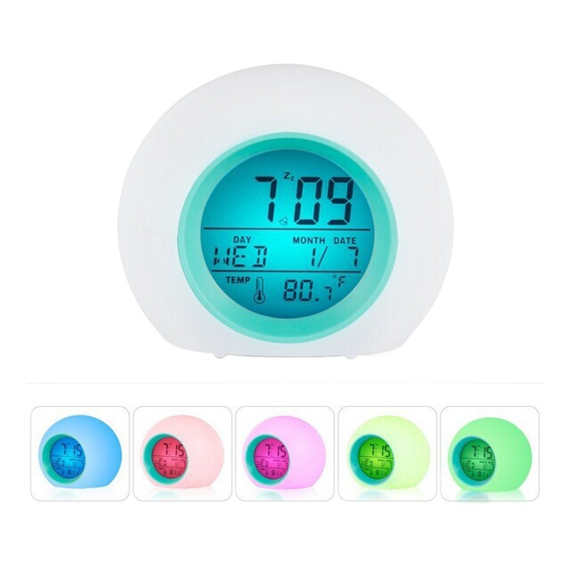 Transfronterizo creativo LED colorido cambio de color redondo reloj estudiante niños mudo snooze con temperatura electrónica despertador reloj luminoso