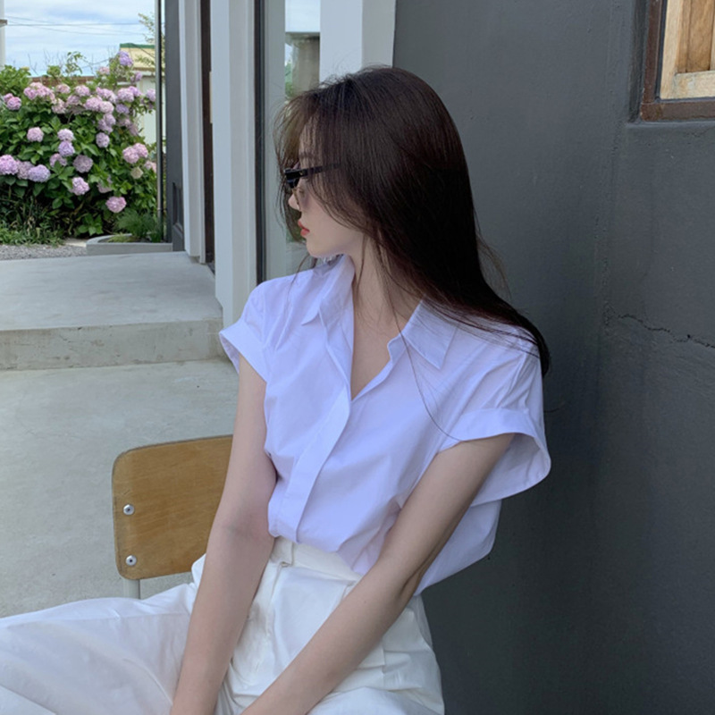Korean Chic Casual Fashion Design Sense Niche Short-sleeved Shirt Women's Summer Single-breasted Lasel Top