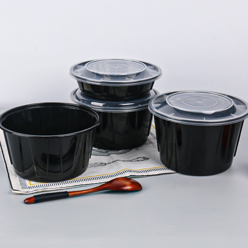 American-style round plastic disposable food container takeout fast food thick packing box black convex lid bento box soup bowl