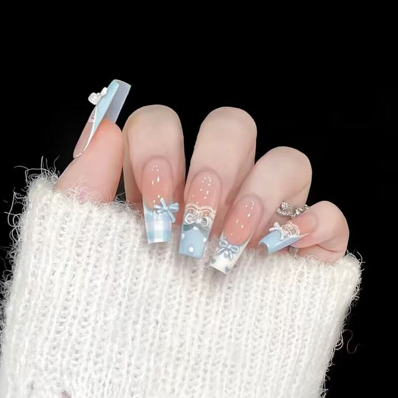 French-Style Blue Lace Bowknot Plaid Wearable Nails for a Fair Complexion, Fresh and Detachable Nail Pieces for Students