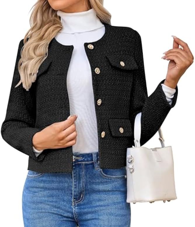 Chaqueta Corta de Tweed de Poliéster con Cuello Redondo y Botones para Trabajo image 8