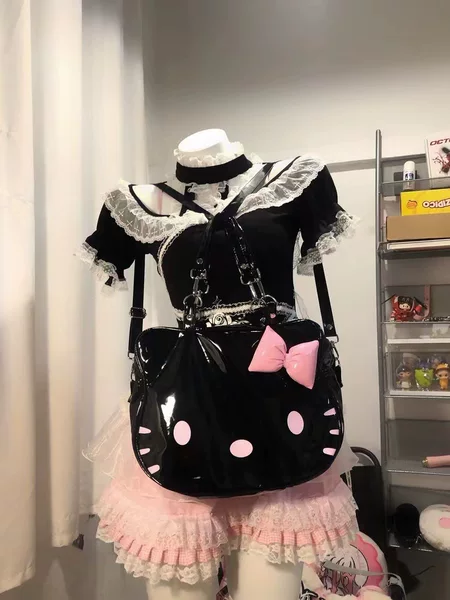 Korean Style Ins Sweet and Cute Black and Pink Kitten Backpack, Unique Niche Design Bag, Cartoon Large Capacity Backpack
