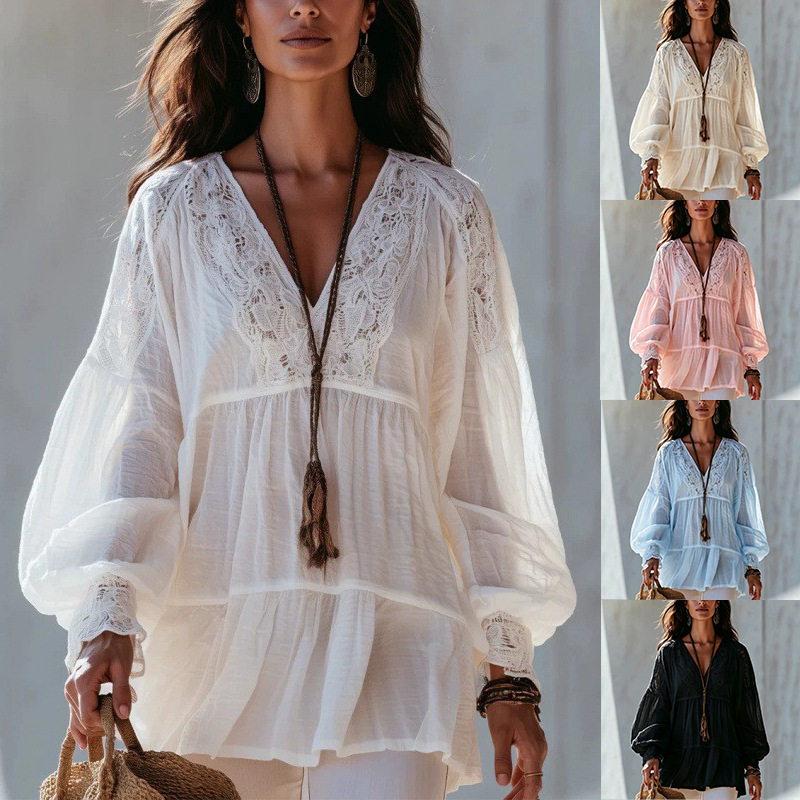 2026 New Cross-Border Style Solid Color Lace Patchwork V-Neck Top with Lantern Sleeves and Layered Ruffles, Vacation Style Casual Women's Clothing 2026 New Cross-Border Style Solid Color Lace Patchwork V-Neck Top with Lantern Sleeves and Layered Ruffles, Vacation Style Casual Women's Clothing