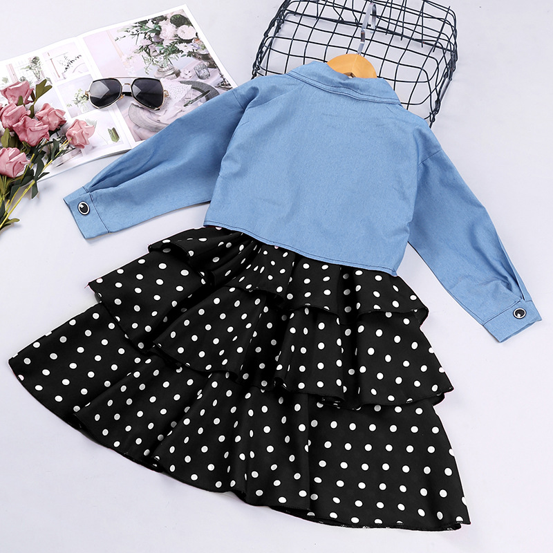 Girls' 2023 Spring and Autumn New Long sleeved Denim Coat with Suspended Skirt Children's Two Piece Set_voghion.com