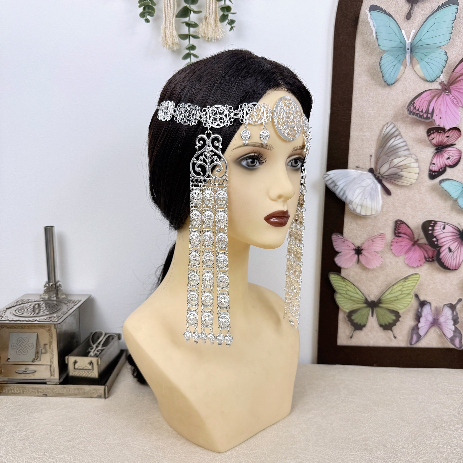 Russian Yakut Zinc Alloy Headwear Ethnic Style Bright Silver Hair Chain Buryat Forehead Accessories