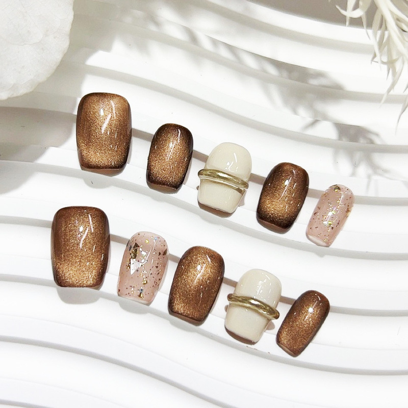 French-Style Handmade Wearable Nail Tips, Pure Handmade Short-Length Warm Brown Simple High-End Feel, Complexion-Enhancing Nail Stickers Wholesale French-Style Handmade Wearable Nail Tips, Pure Handmade Short-Length Warm Brown Simple High-End Feel, Complexion-Enhancing Nail Stickers Wholesale