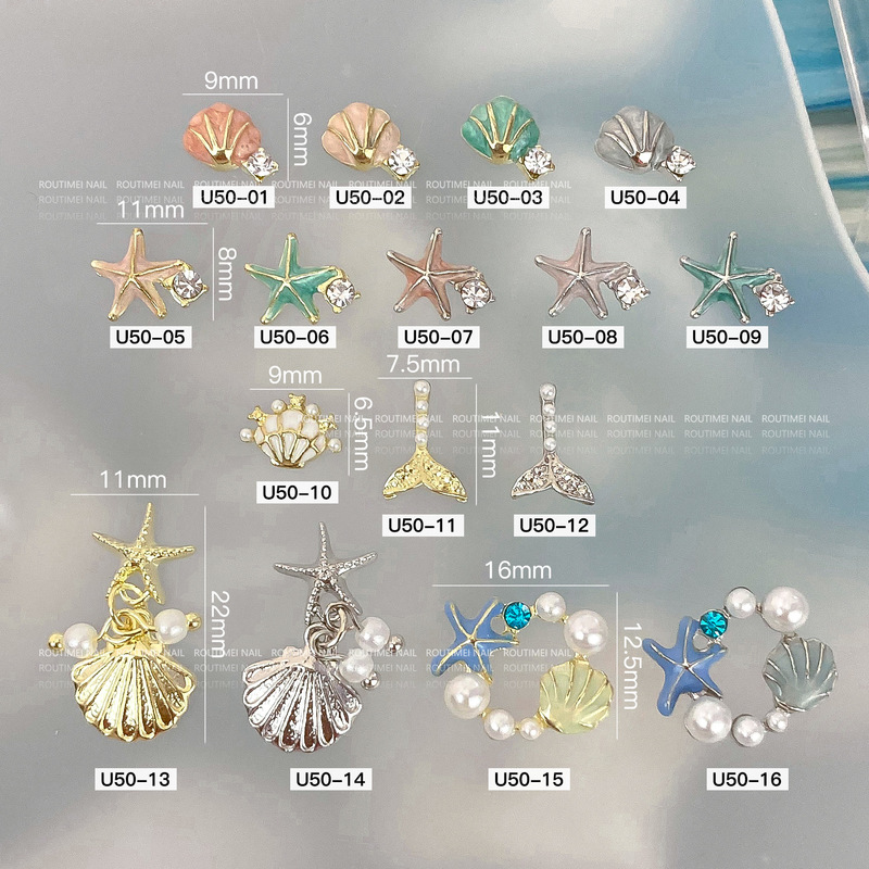 Ocean series starfish shell Diamond-embedded color dripping fish tail metal three-dimensional nail jewelry