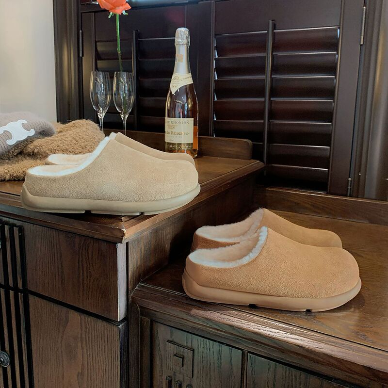 Waterproof Version of Genuine Leather Birkenstock Shoes for Women in Winter Plus Plush Fur Shoes, Warm Slip-On Toe-Cap Half-Slip Snow Boots and Cotton Shoes