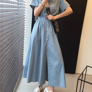 832韩国chic单排扣女士衬衫连衣裙2025夏季长款过膝短袖连衣裙女