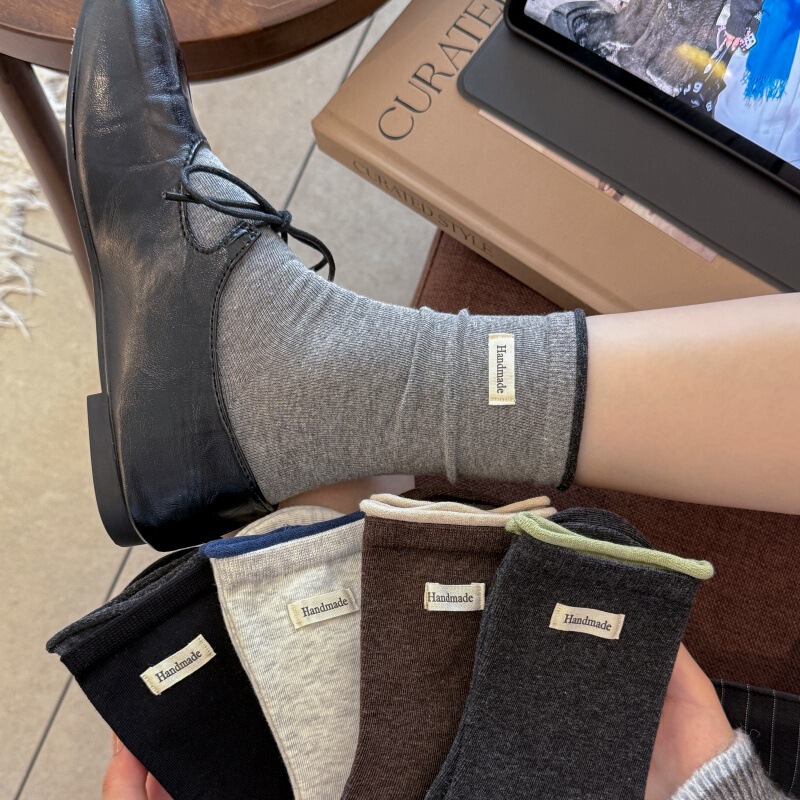 YOUJIAXIU women's socks, Korean style, double cuff, color-blocking, rolled edge cotton socks, Miu style, fabric label, seamless, stacked mid-calf socks YOUJIAXIU women's socks, Korean style, double cuff, color-blocking, rolled edge cotton socks, Miu style, fabric label, seamless, stacked mid-calf socks