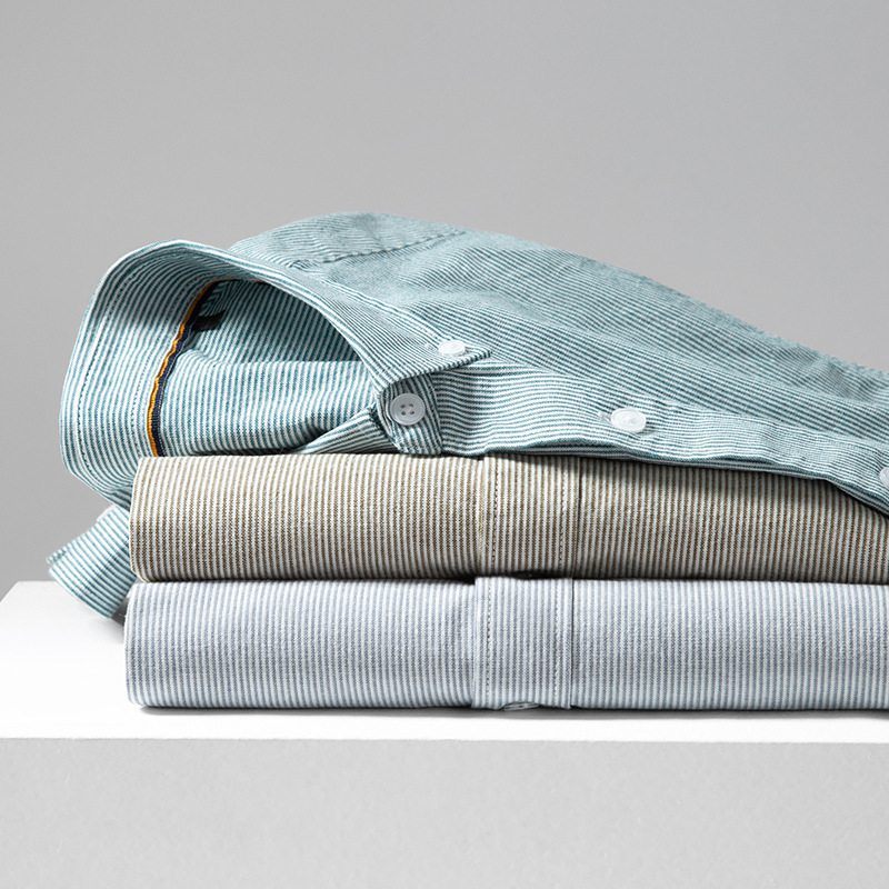 Spring Oxford Long Sleeve Shirt Men's Pure Cotton Casual Shirt Jacket Men's British Striped Grey White Shirt Trendy