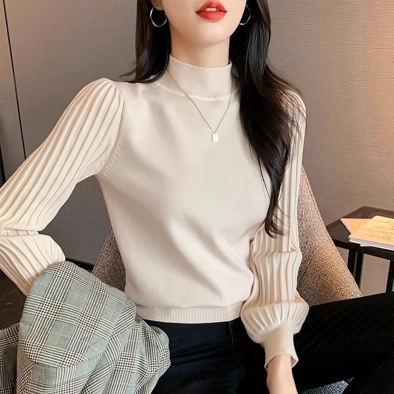半高领针织打底衫女秋季新款小香风法式高端气质泡泡袖高级感毛衣