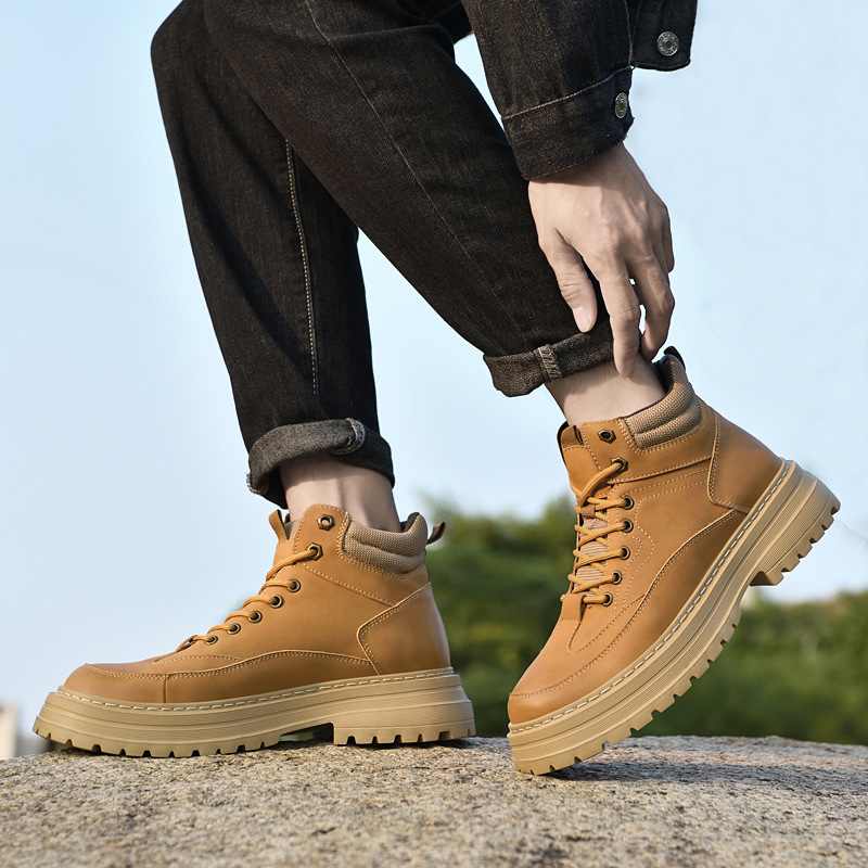 Herren kurze Stiefel Britischer Wind Herbst und Winter neue Arbeitsstiefel Flut alles High Top große gelbe Stiefel Mode_voghion.com