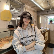 秋冬季加绒加厚灰色连帽卫衣女韩系宽松慵懒设计感小众情侣装外套