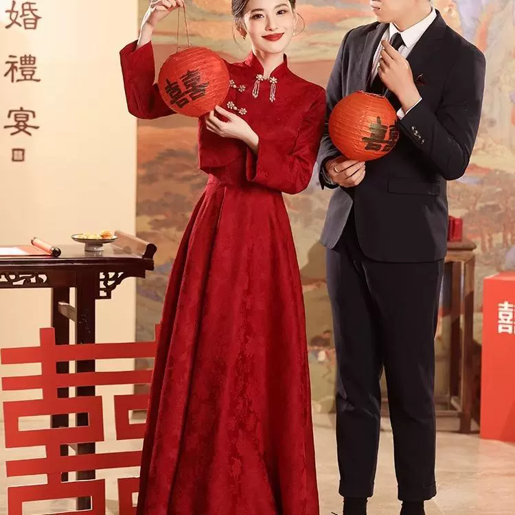 Платье-тост в китайском стиле Cheongsam, невеста обычно может носить красный обручальный костюм, платье с длинными рукавами, юбку, осень и зиму.