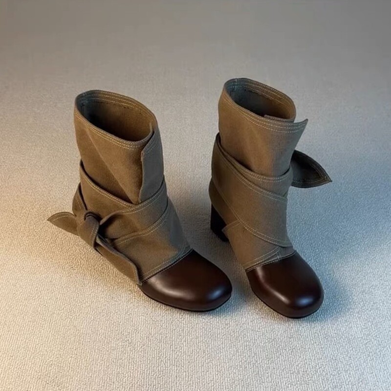 Leather version~Vintage patchwork lace-up high-heeled western cowboy short boots for women, 2026 autumn and winter chunky heel Martin boots Leather version~Vintage patchwork lace-up high-heeled western cowboy short boots for women, 2026 autumn and winter chunky heel Martin boots