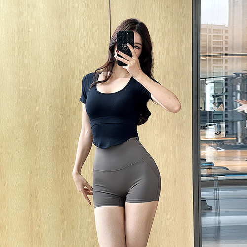 New Fixed Bra Cup Yoga Top for Women, Slimming and Body-Shaping, Summer Short Sleeve Running and Fitness T-Shirt