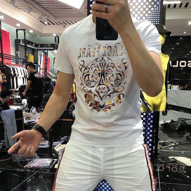 T-shirt court d'été en coton et soie, haut à manches mi-longues avec broderie de diamants tendance, fourre-tout pour hommes, grande taille ins_voghion.com