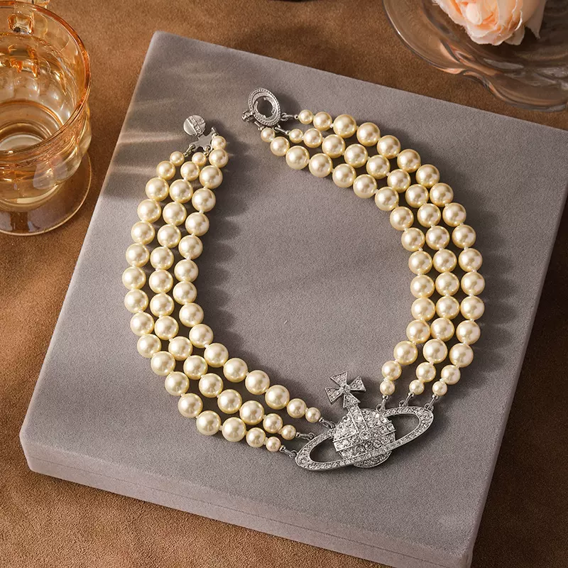 三层珍珠项链西太后满钻土星锁骨链轻奢简约百搭高级感choker项链