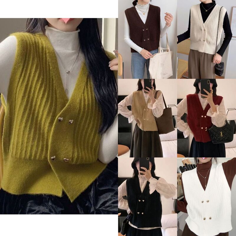 Spring and Autumn Retro Style Women's Heart Button V-Neck Vertical Striped Sleeveless Knitted Vest V-Neck Cardigan Top Vest Trendy