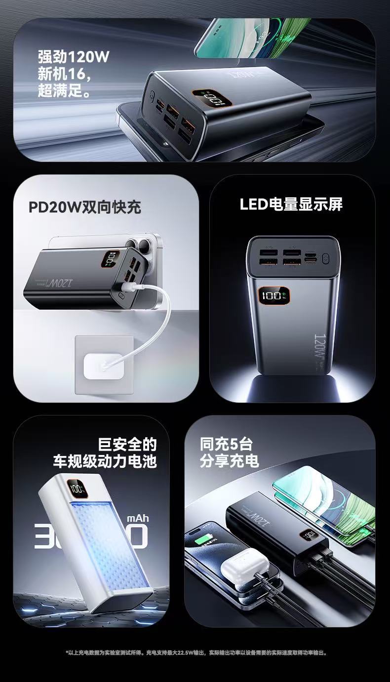 120W Süper Hızlı Şarj 30000mAh Büyük Kapasiteli Taşınabilir Şarj Cihazı 20000mAh PD Dijital Göstergeli Mobil Güç Bankası