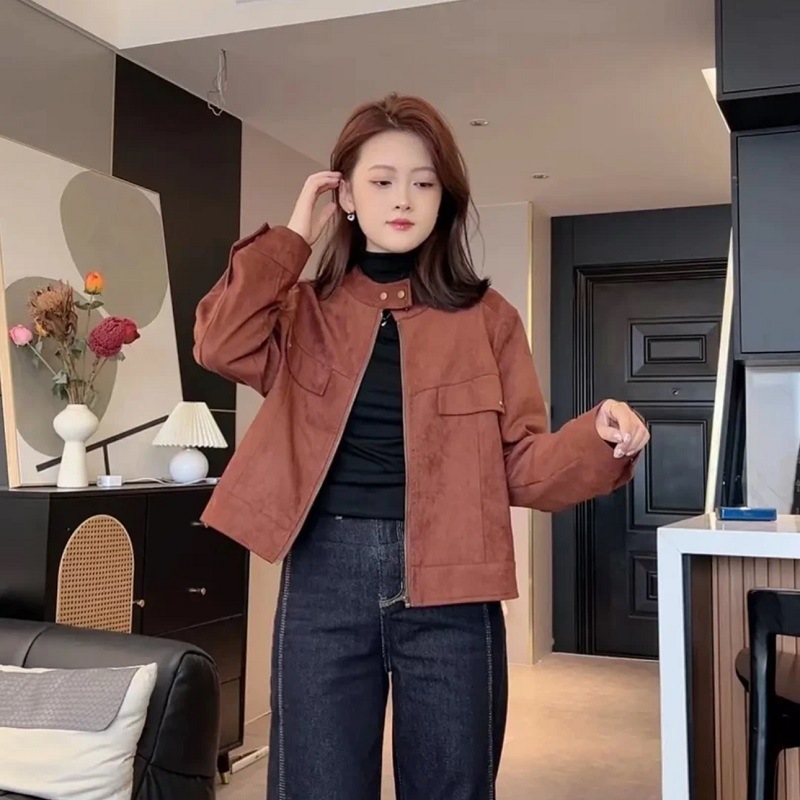 复古潮流短款麂皮绒外套女秋季新款时尚百搭休闲小个子夹克上衣潮|undefined