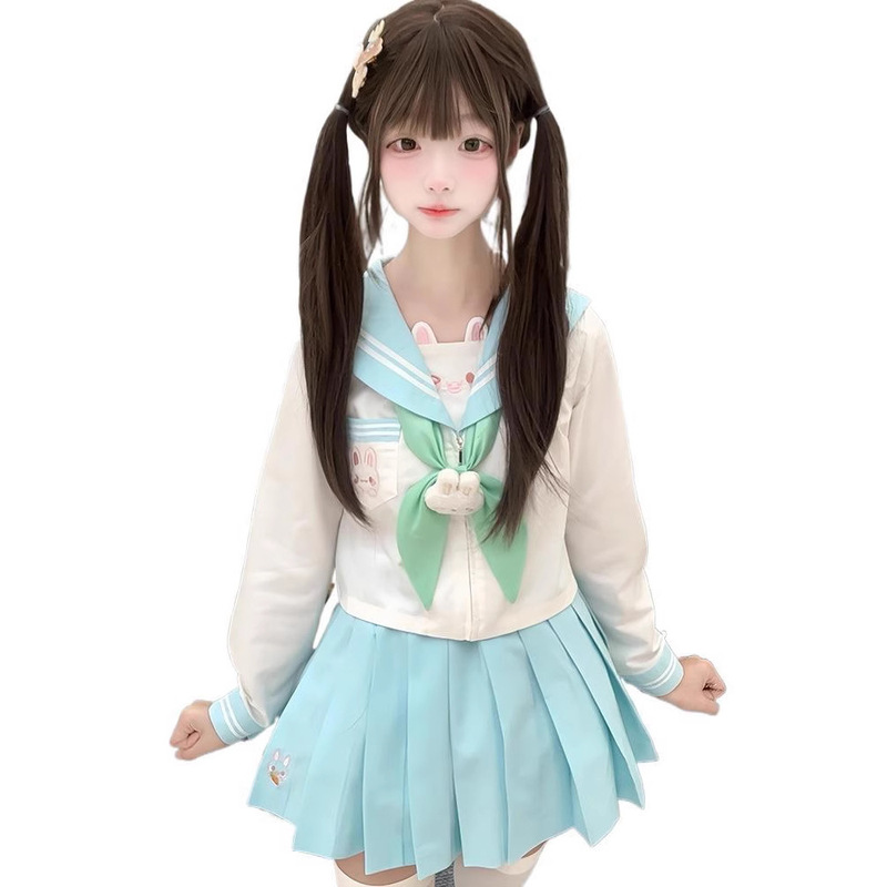 Tianke オリジナル本物の Omi ウサギ JK 制服女性の日本のカレッジスタイル甘いセーラー服半袖刺繍スカートスーツ|undefined