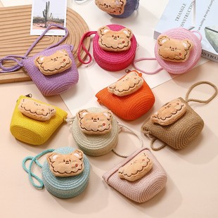 Children's Bear Doll Straw Bag Woven Bag Seaside Beach 2025 New Popular Girls Straw Vacation Bag