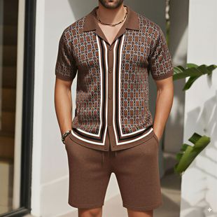Amazon Cross-Border Men's European and American Jacquard Knitwear Men's Short-Sleeved Cuban Collar Knitted Shorts Suit Sy0196