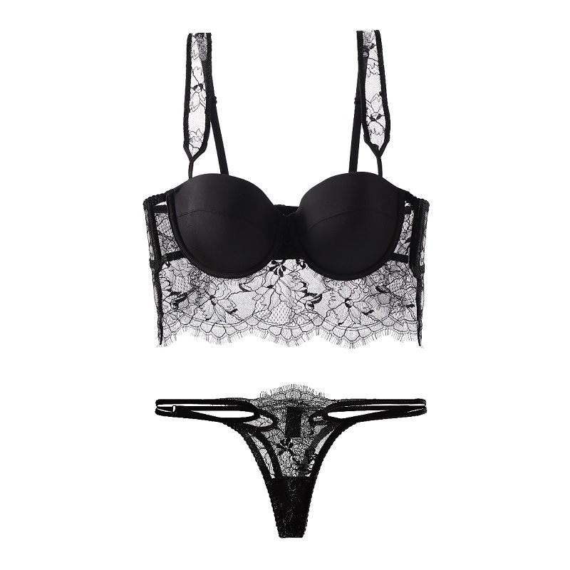 Conjunto de lingerie estilo francês com detalhes em renda, top frente única, sutiã push-up sem costas, lingerie sexy para mulheres, roupa íntima e pijama._voghion.com