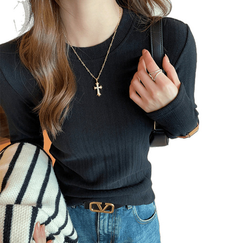 New threaded small round neck base shirt for women with high-end autumn and winter long-sleeved T-shirt for German velvet tops on the outside
