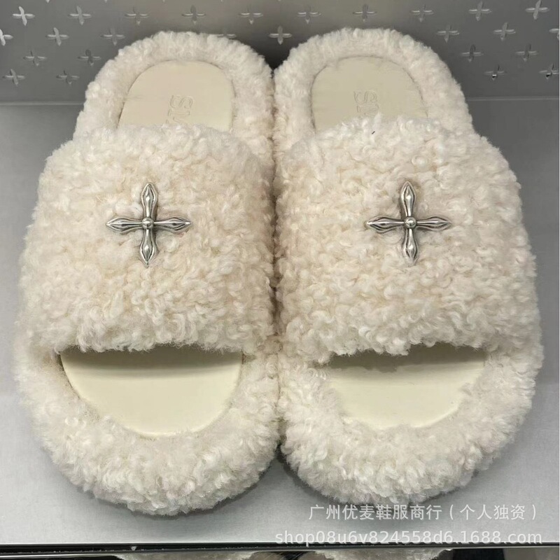 High Version S-SMFK2025 White Velvet Fur Slippers Women's Shoes Cruciferous Plush Outer Wear Thick Sole Slides