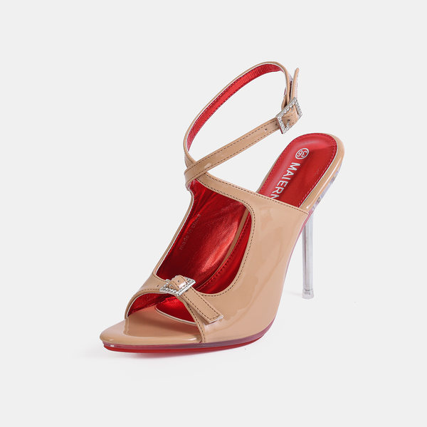 Giày sandal cao gót nữ mũi nhọn da bóng quai ngang khóa cài gót siêu cao — Màu be, Màu bạc, Màu trắng, Màu tím