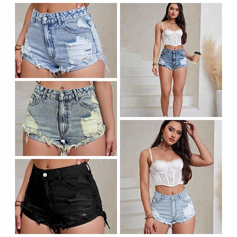 in stock -35860# Amazon Cross-border Women's Wear INS Casual High Waist Ripped Denim Shorts Jeans
