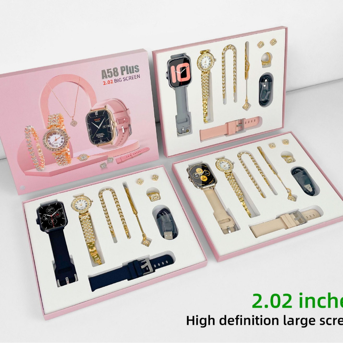 Reloj inteligente Huaqiangbei A58Plus con llamadas Bluetooth, reloj pequeño dorado con diamantes, completamente equipado con joyas, batería de larga duración, versión Bluetooth.