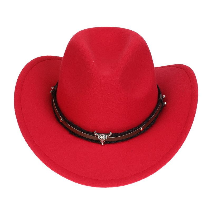 Nuovo cappello da cowboy dell'Europa occidentale, catena in pelle di vacchetta di lana, cappello jazz con bordo rialzato, cappello tibetano retrò, tendenza del cappello in feltro_voghion.com