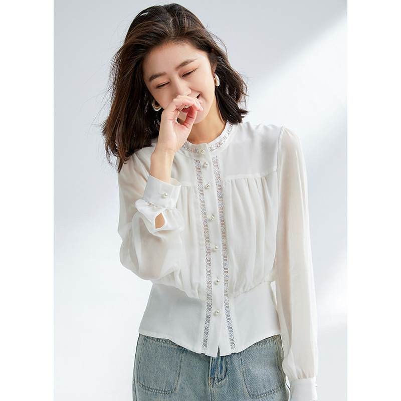 Pure Silk Mulberry Silk Lace Patchwork Long-Sleeved Shirt for Women 2026 Early Spring Outfit Youthful Style Elegant Top Cardigan